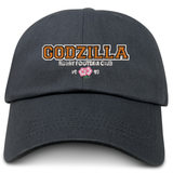 Introducing the Godzilla Rugby Football Club Adult Low-Profile Cotton Twill Dad Cap by EMB S&S Activewear—a timeless black cap crafted from durable cotton twill. This dad cap showcases “GODZILLA RUGBY FOOTBALL CLUB 1993” boldly embroidered in vibrant orange and white, accented with a small pink flower beneath the text. Meticulous team embroidery delivers standout style and authentic branding.