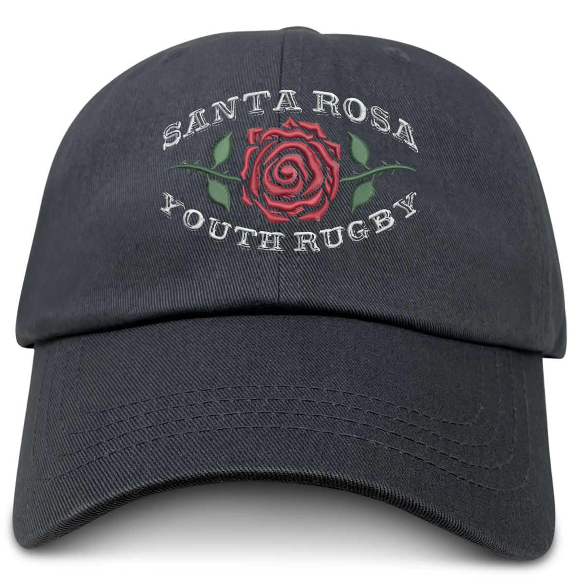The EMB S&S Activewear Santa Rosa Youth Rugby Adult Low-Profile Cotton Twill Dad Cap is a black cotton twill hat with embroidered “Santa Rosa Youth Rugby” and a red rose graphic on the front.