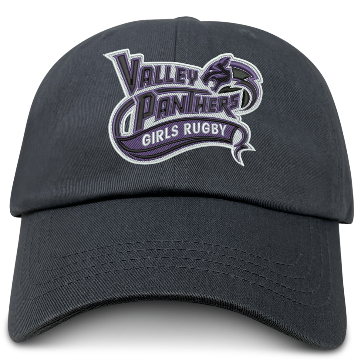 The EMB S&S Activewear Valley Panthers Girls Rugby Adult Low-Profile Cotton Twill Dad Cap is a black cotton twill hat featuring an embroidered purple and white “Valley Panthers Girls Rugby” logo with a panther head on the front.