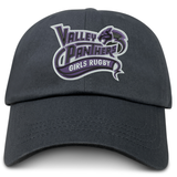 The EMB S&S Activewear Valley Panthers Girls Rugby Adult Low-Profile Cotton Twill Dad Cap is a black cotton twill hat featuring an embroidered purple and white “Valley Panthers Girls Rugby” logo with a panther head on the front.