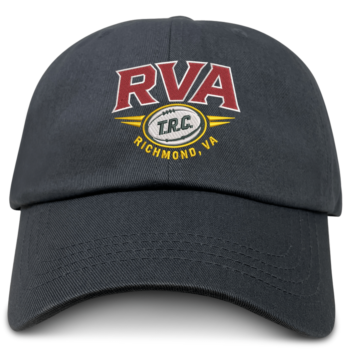 Introducing the RVA T.R.C. Adult Low-Profile Cotton Twill Dad Cap by EMB S&S Activewear—a timeless black cap made from durable cotton twill, highlighted by bold red “RVA” lettering and a rugby ball with intricately embroidered “T.R.C.” team branding, finished with “Richmond, VA” in striking yellow below.
