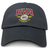 Introducing the RVA T.R.C. Adult Low-Profile Cotton Twill Dad Cap by EMB S&S Activewear—a timeless black cap made from durable cotton twill, highlighted by bold red “RVA” lettering and a rugby ball with intricately embroidered “T.R.C.” team branding, finished with “Richmond, VA” in striking yellow below.