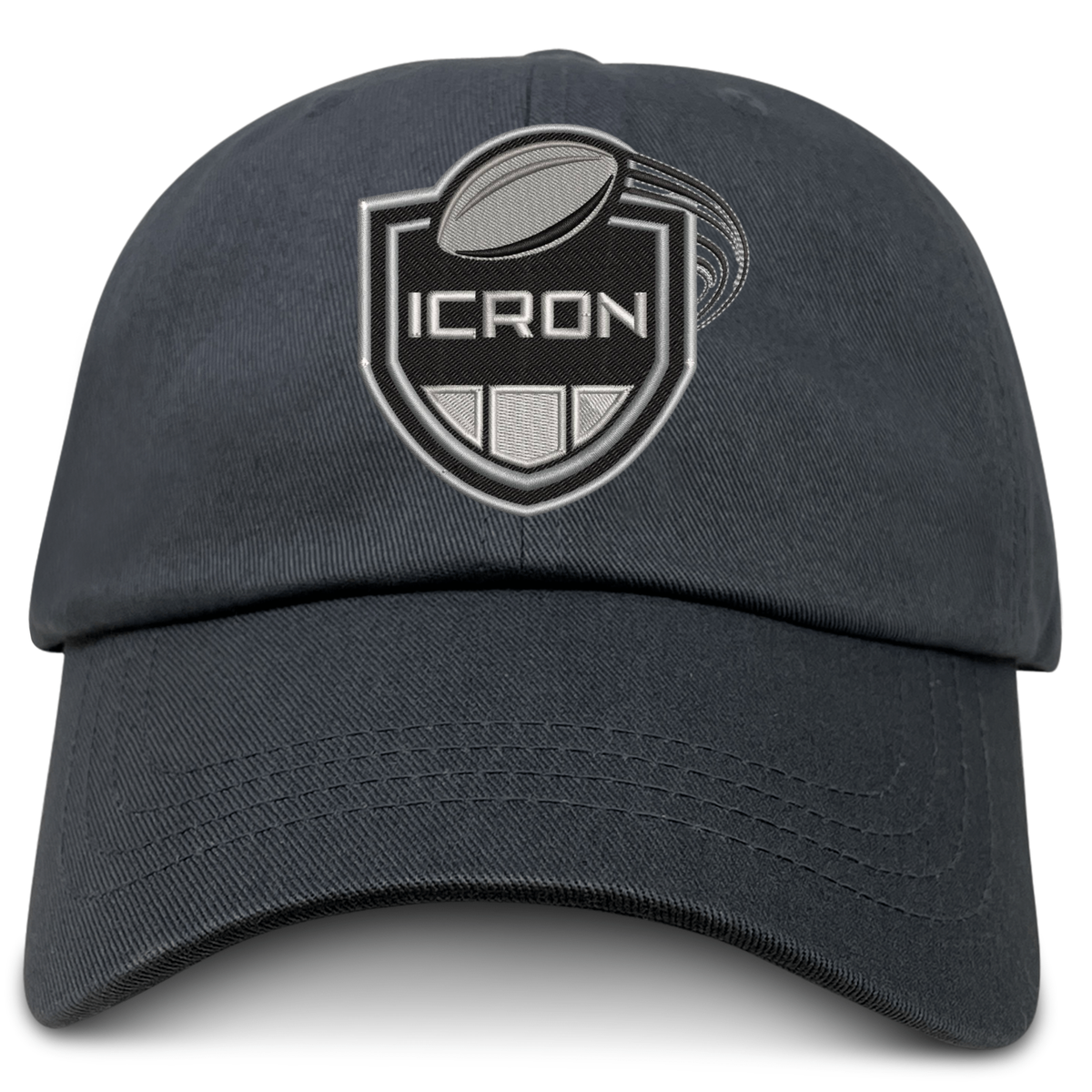 Dark gray ICRON Adult Low-Profile Cotton Twill Dad Cap with an embroidered shield logo featuring a football and the text “ICRON.”