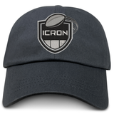 Dark gray ICRON Adult Low-Profile Cotton Twill Dad Cap with an embroidered shield logo featuring a football and the text “ICRON.”