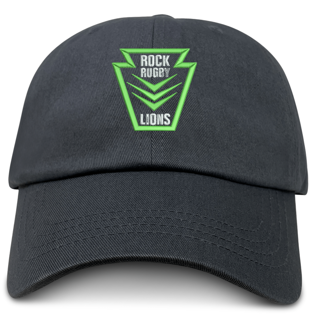 Rock Rugby Adult Low-Profile Cotton Twill Dad Cap in dark grey with a lime green shield emblem reading “ROCK RUGBY LIONS.”