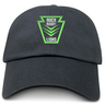 Rock Rugby Adult Low-Profile Cotton Twill Dad Cap in dark grey with a lime green shield emblem reading “ROCK RUGBY LIONS.”