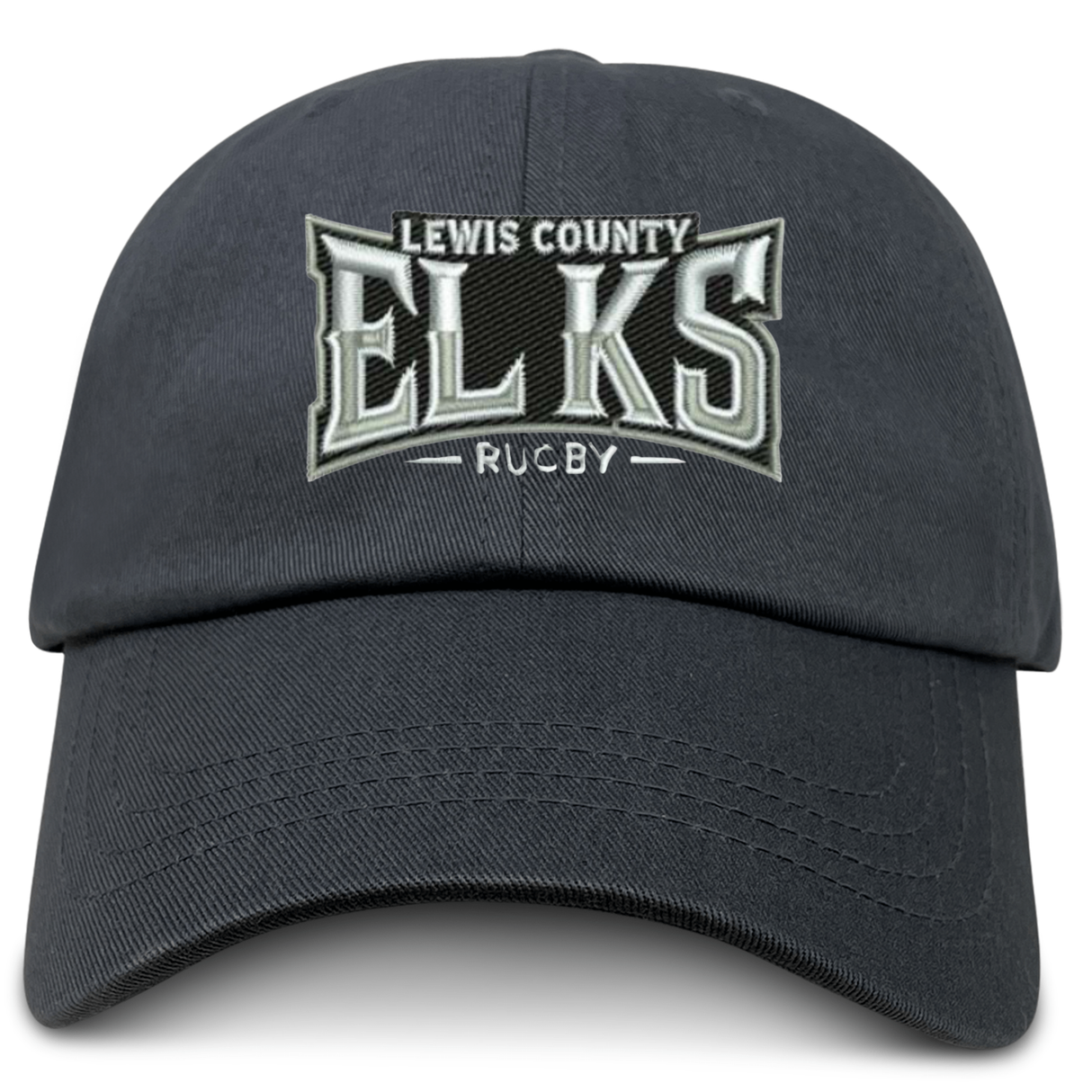 The Lewis County Elks Adult Low-Profile Cotton Twill Dad Cap by EMB S&S Activewear is a classic black hat crafted from durable cotton twill, featuring “LEWIS COUNTY ELKS RUGBY” embroidered in bold white and gray letters on the front for standout team branding.