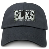The Lewis County Elks Adult Low-Profile Cotton Twill Dad Cap by EMB S&S Activewear is a classic black hat crafted from durable cotton twill, featuring “LEWIS COUNTY ELKS RUGBY” embroidered in bold white and gray letters on the front for standout team branding.