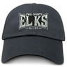 The Lewis County Elks Adult Low-Profile Cotton Twill Dad Cap by EMB S&S Activewear is a classic black hat crafted from durable cotton twill, featuring “LEWIS COUNTY ELKS RUGBY” embroidered in bold white and gray letters on the front for standout team branding.