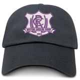 Western Carolina University Adult Low-Profile Cotton Twill Dad Cap in dark gray with an embroidered shield patch reading “Western Carolina Rugby 1990” in purple and white.