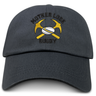 Dark gray Mother Lode Adult Low-Profile Cotton Twill Dad Cap featuring embroidered “MOTHER LODE RUGBY” text, two crossed yellow pickaxes, and a rugby ball.