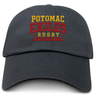 The Potomac Exiles Rugby Club Adult Low-Profile Cotton Twill Dad Cap by EMB S&S Activewear is a classic black dad cap made from durable cotton twill, showcasing vibrant "Potomac Exiles Rugby" team embroidery in yellow and red on the front panel.