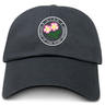 The Society of Iowa Rugby Referees Adult Low-Profile Cotton Twill Dad Cap by EMB S&S Activewear is a black hat made from durable cotton twill, highlighted by an embroidered circular patch showcasing pink flowers and the text “Society of Iowa Rugby Referees S.I.R.R.” for distinctive team branding.