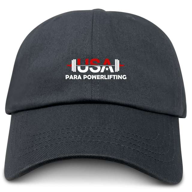 The EMB S&S Activewear USA Para Powerlifting Adult Low-Profile Cotton Twill Dad Cap is black with embroidered "USA PARA POWERLIFTING" and a barbell graphic on the front.