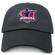 The EMB S&S Activewear Nebraska Rugby Referee Society Adult Low-Profile Cotton Twill Dad Cap features a referee silhouette and red/blue shield logo embroidered on black cotton twill.