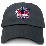 The EMB S&S Activewear Nebraska Rugby Referee Society Adult Low-Profile Cotton Twill Dad Cap features a referee silhouette and red/blue shield logo embroidered on black cotton twill.