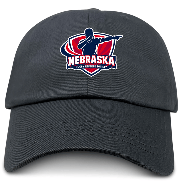 The EMB S&S Activewear Nebraska Rugby Referee Society Adult Low-Profile Cotton Twill Dad Cap features a referee silhouette and red/blue shield logo embroidered on black cotton twill.