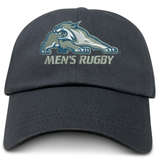 Dark navy cotton twill University of New Hampshire Adult Low-Profile Cotton Twill Dad Cap embroidered with a wildcat mascot and the words “MEN’S RUGBY.”