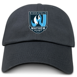 The Minneapolis Mayhem Rugby Adult Low-Profile Cotton Twill Dad Cap by EMB S&S Activewear is a classic black cap featuring the team’s logo with a blue and white shield and stylized flame, perfectly embroidered to show your true team spirit.