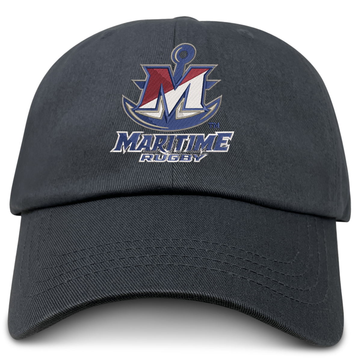 SUNY Maritime Men’s Rugby Adult Low-Profile Cotton Twill Dad Cap in dark gray, featuring an embroidered logo with a large letter M over an anchor and the text “MARITIME RUGBY.”