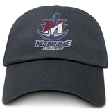 SUNY Maritime Men’s Rugby Adult Low-Profile Cotton Twill Dad Cap in dark gray, featuring an embroidered logo with a large letter M over an anchor and the text “MARITIME RUGBY.”