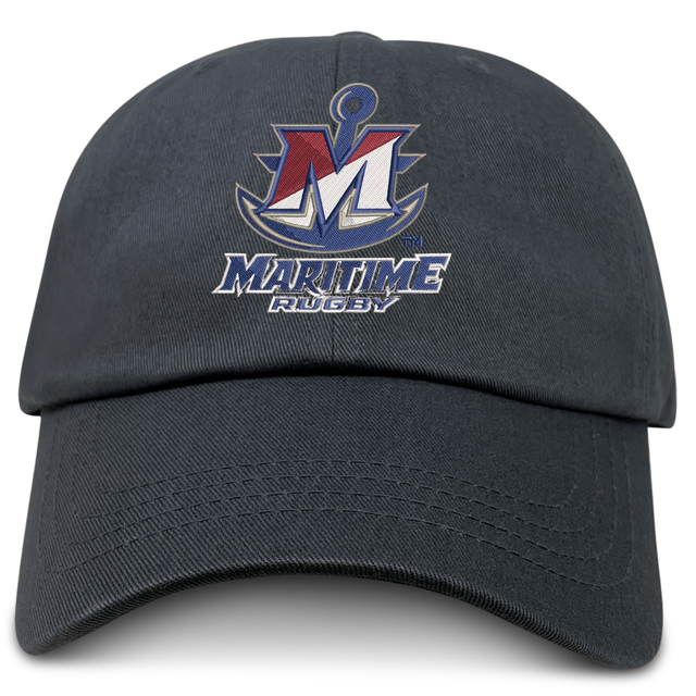 SUNY Maritime Men’s Rugby Adult Low-Profile Cotton Twill Dad Cap in dark gray, featuring an embroidered logo with a large letter M over an anchor and the text “MARITIME RUGBY.”