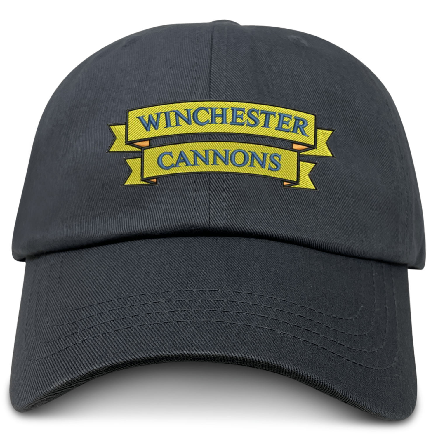 The EMB S&S Activewear Winchester Cannons Adult Low-Profile Cotton Twill Dad Cap is a black hat with a yellow banner and "WINCHESTER CANNONS" embroidered on the front.