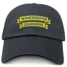 The EMB S&S Activewear Winchester Cannons Adult Low-Profile Cotton Twill Dad Cap is a black hat with a yellow banner and "WINCHESTER CANNONS" embroidered on the front.