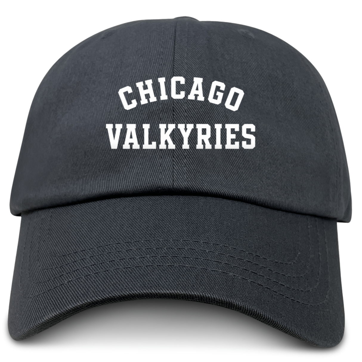 The Chicago Valkyries Adult Low-Profile Cotton Twill Dad Cap by EMB S&S Activewear features "CHICAGO VALKYRIES" embroidered in bold, white capital letters on the front of a classic black cotton twill dad cap—making it the perfect stylish embroidered team hat for fans.