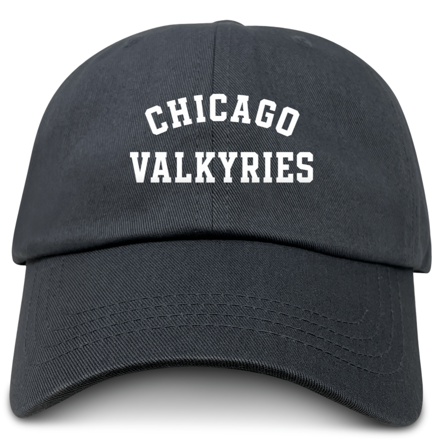 The Chicago Valkyries Adult Low-Profile Cotton Twill Dad Cap by EMB S&S Activewear features "CHICAGO VALKYRIES" embroidered in bold, white capital letters on the front of a classic black cotton twill dad cap—making it the perfect stylish embroidered team hat for fans.