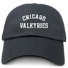 The Chicago Valkyries Adult Low-Profile Cotton Twill Dad Cap by EMB S&S Activewear features "CHICAGO VALKYRIES" embroidered in bold, white capital letters on the front of a classic black cotton twill dad cap—making it the perfect stylish embroidered team hat for fans.