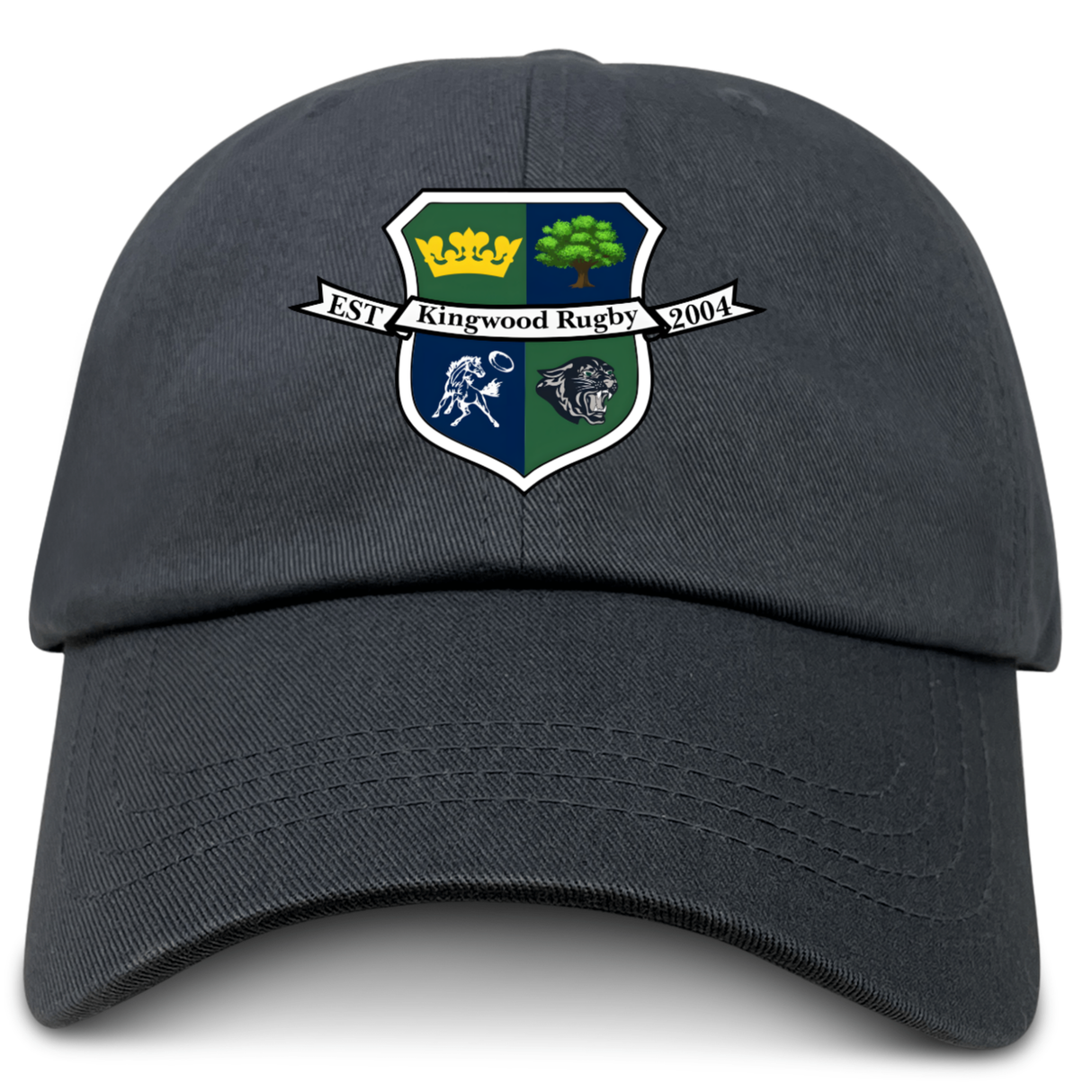 The Kingwood Rugby Adult Low-Profile Cotton Twill Dad Cap by EMB S&S Activewear features a colorful embroidered Kingwood Rugby crest on the front, with "EST 2004" on a banner above the shield.