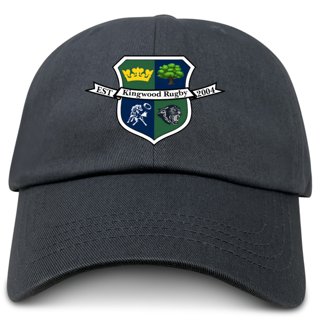 The Kingwood Rugby Adult Low-Profile Cotton Twill Dad Cap by EMB S&S Activewear features a colorful embroidered Kingwood Rugby crest on the front, with "EST 2004" on a banner above the shield.