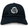 The Missoula All-Maggots Adult Low-Profile Cotton Twill Dad Cap by EMB S&S Activewear comes in black and showcases a white, oval-shaped spiral embroidery on the front, evoking classic rugby team aesthetics.