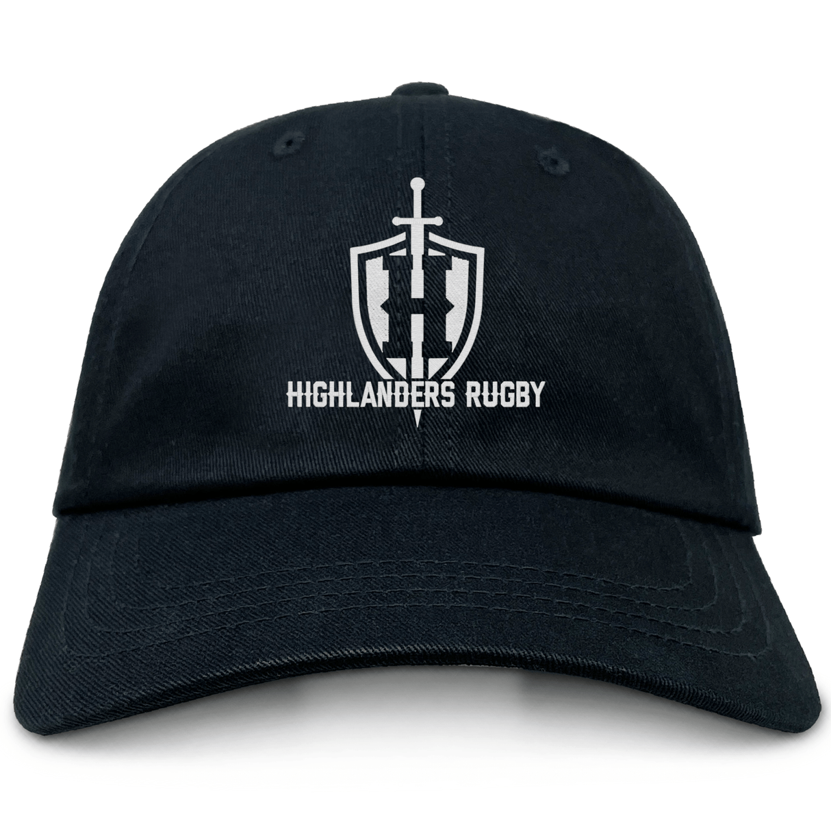 The Highlanders Rugby NC Adult Low-Profile Cotton Twill Dad Cap by EMB S&S Activewear is a black cotton twill dad cap with the Highlanders Rugby logo and text in white embroidery on the front.