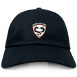 The EMB S&S Activewear Loudoun Adult Low-Profile Cotton Twill Dad Cap is black with the Loudoun County Rugby logo and a stylized dragon embroidered on the front.