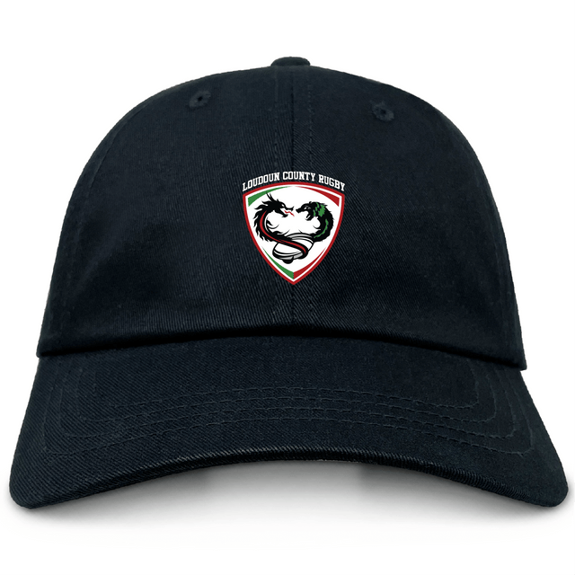 The EMB S&S Activewear Loudoun Adult Low-Profile Cotton Twill Dad Cap is black with the Loudoun County Rugby logo and a stylized dragon embroidered on the front.