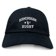 The Birmingham Rugby Text Logo Dad Cap by EMB S&S Activewear is a classic black cap featuring “Birmingham Rugby” and a small rugby graphic embroidered in white on the front—making it the perfect team hat for both fans and players.