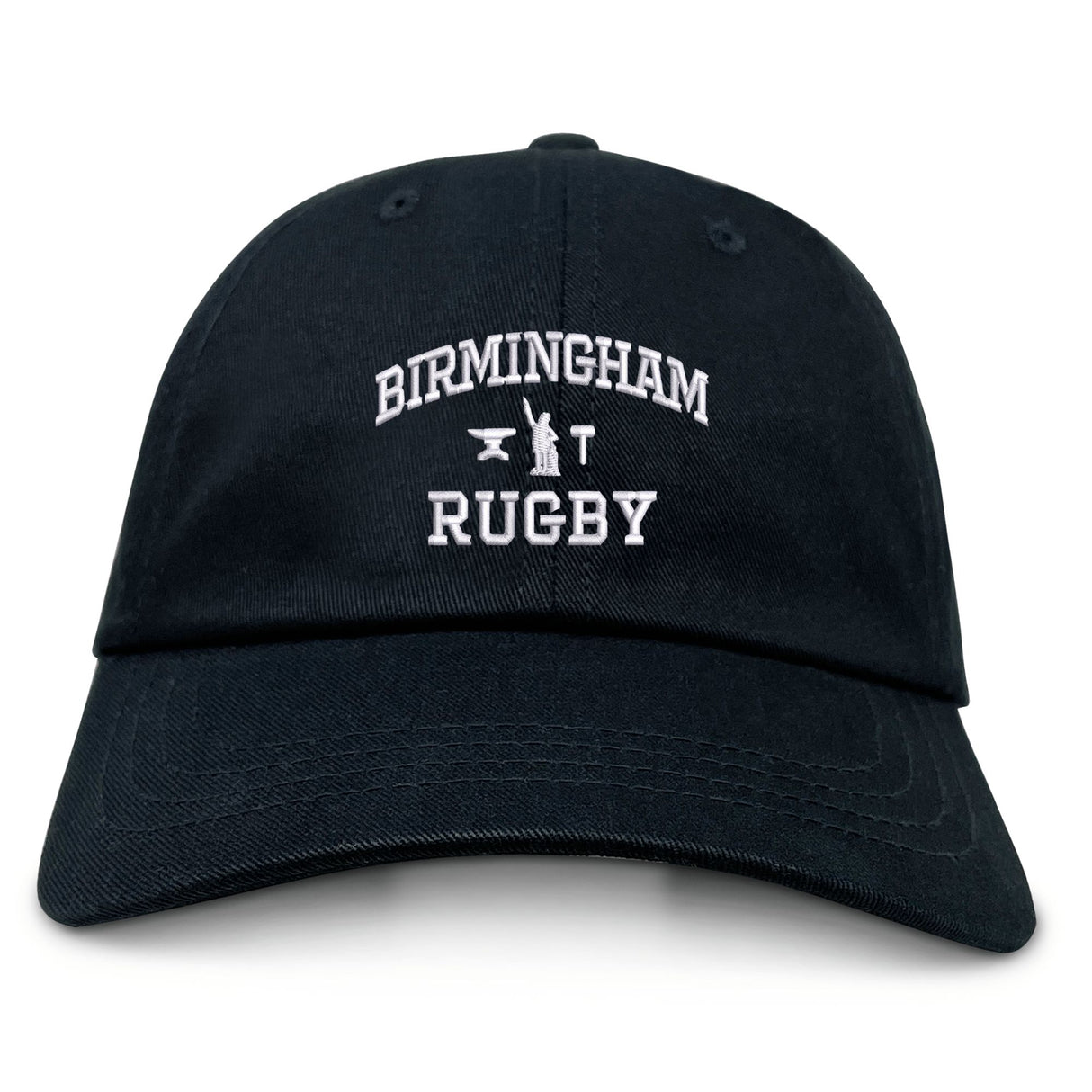 The Birmingham Rugby Text Logo Dad Cap by EMB S&S Activewear is a classic black cap featuring “Birmingham Rugby” and a small rugby graphic embroidered in white on the front—making it the perfect team hat for both fans and players.