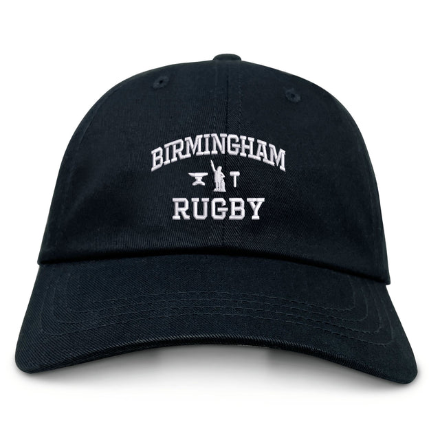The Birmingham Rugby Text Logo Dad Cap by EMB S&S Activewear is a classic black cap featuring “Birmingham Rugby” and a small rugby graphic embroidered in white on the front—making it the perfect team hat for both fans and players.