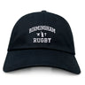 The Birmingham Rugby Text Logo Dad Cap by EMB S&S Activewear is a classic black cap featuring “Birmingham Rugby” and a small rugby graphic embroidered in white on the front—making it the perfect team hat for both fans and players.
