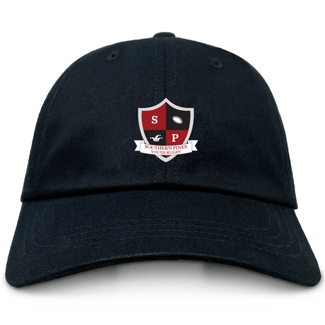 The EMB S&S Activewear Southern Pines Youth Rugby Adult Low-Profile Cotton Twill Dad Cap features a black design with a red and black crest logo, "SP", rugby ball, and "Southern Pines Youth Rugby" text on the front.