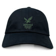 The EMB S&S Activewear Zionsville Rugby Club Adult Low-Profile Cotton Twill Dad Cap features a navy blue design with an embroidered green eagle logo and "Zionsville Rugby Est. 2003" on the front.