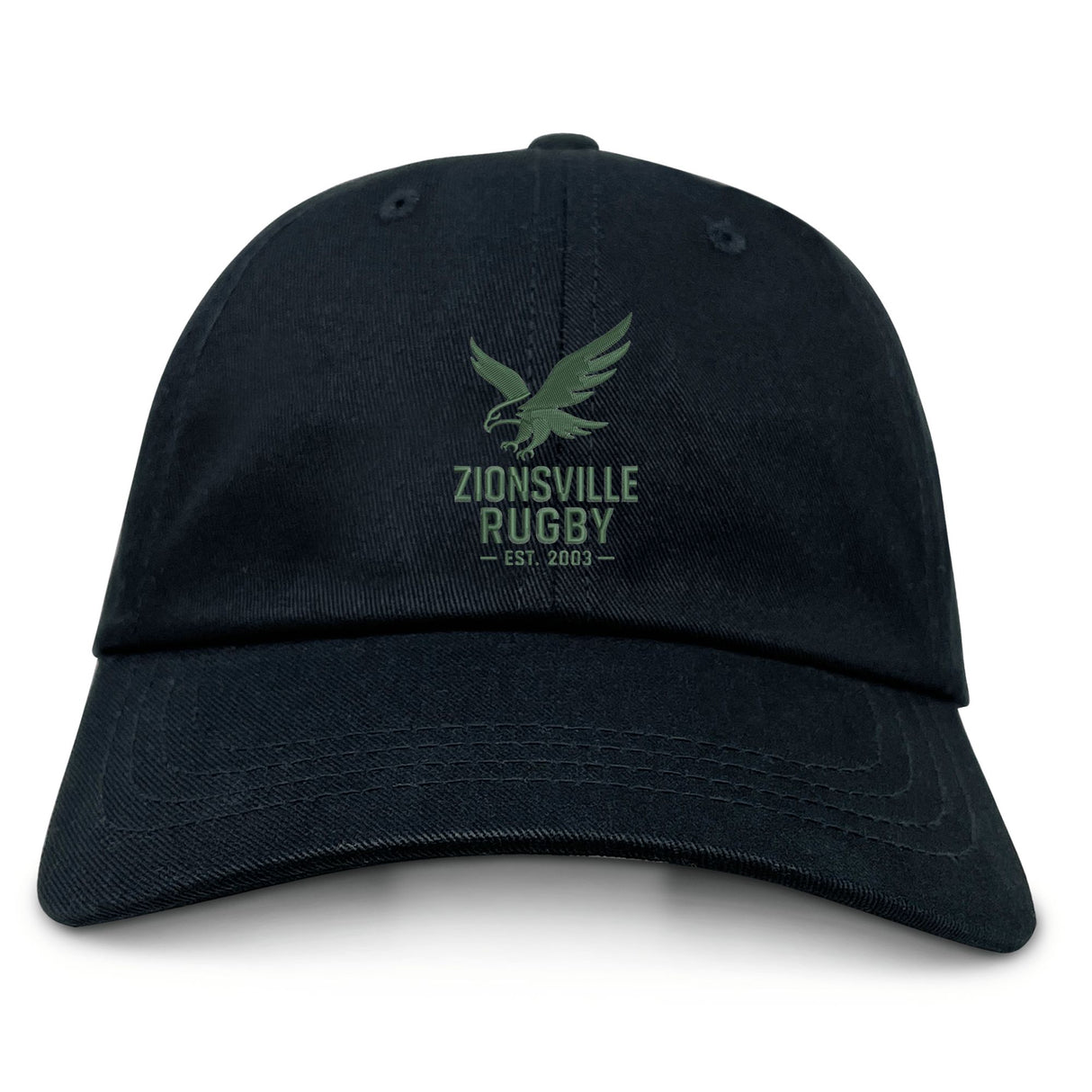 The EMB S&S Activewear Zionsville Rugby Club Adult Low-Profile Cotton Twill Dad Cap features a navy blue design with an embroidered green eagle logo and "Zionsville Rugby Est. 2003" on the front.