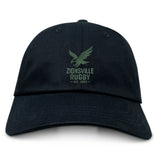 The EMB S&S Activewear Zionsville Rugby Club Adult Low-Profile Cotton Twill Dad Cap features a navy blue design with an embroidered green eagle logo and "Zionsville Rugby Est. 2003" on the front.
