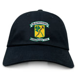 The EMB S&S Activewear Blackthorn RFC Adult Low-Profile Cotton Twill Dad Cap features embroidered team branding with a shamrock and hurling stick emblem on the front.
