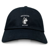 The EMB S&S Activewear Northeastern University Men's Rugby Adult Low-Profile Cotton Twill Dad Cap features a black design with an embroidered husky graphic and the team logo on the front.