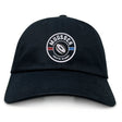 The EMB S&S Activewear Mudsock Rugby Adult Low-Profile Cotton Twill Dad Cap is black with a circular "Mudsoch Youth Rugby" patch featuring a rugby ball and red, white, and blue accents.