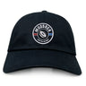 The EMB S&S Activewear Mudsock Rugby Adult Low-Profile Cotton Twill Dad Cap is black with a circular "Mudsoch Youth Rugby" patch featuring a rugby ball and red, white, and blue accents.