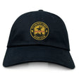 The Pittsburgh Forge Adult Low-Profile Cotton Twill Dad Cap by EMB S&S Activewear is a black dad cap with the Pittsburgh Forge Rugby Club logo embroidered in yellow, red, and black on the front.